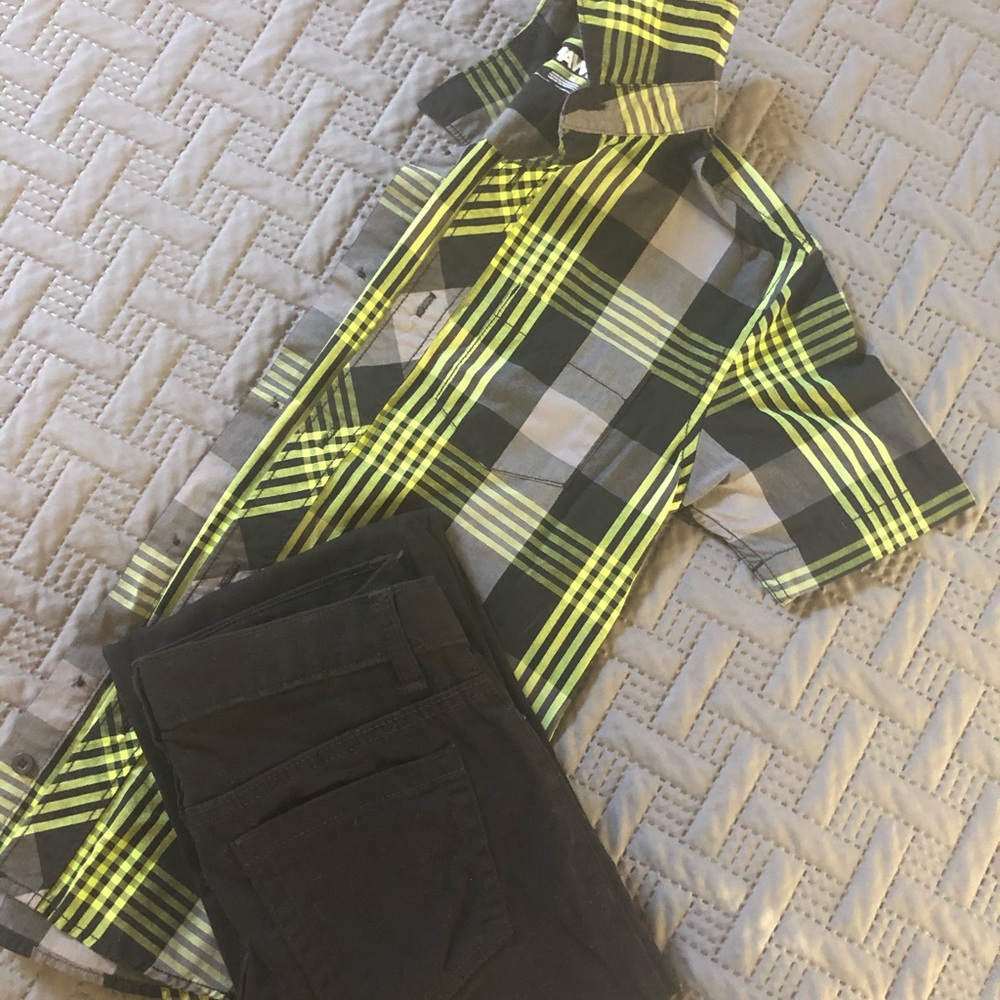 Boys outfit: Button down shirt and jeans.